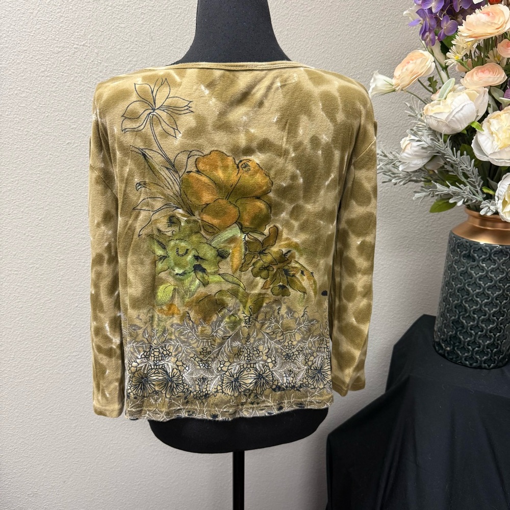 Ash & Sara Embroidered Floral Beaded Cotton Top XL Green Boho Artsy Blouse - Picture 4 of 9